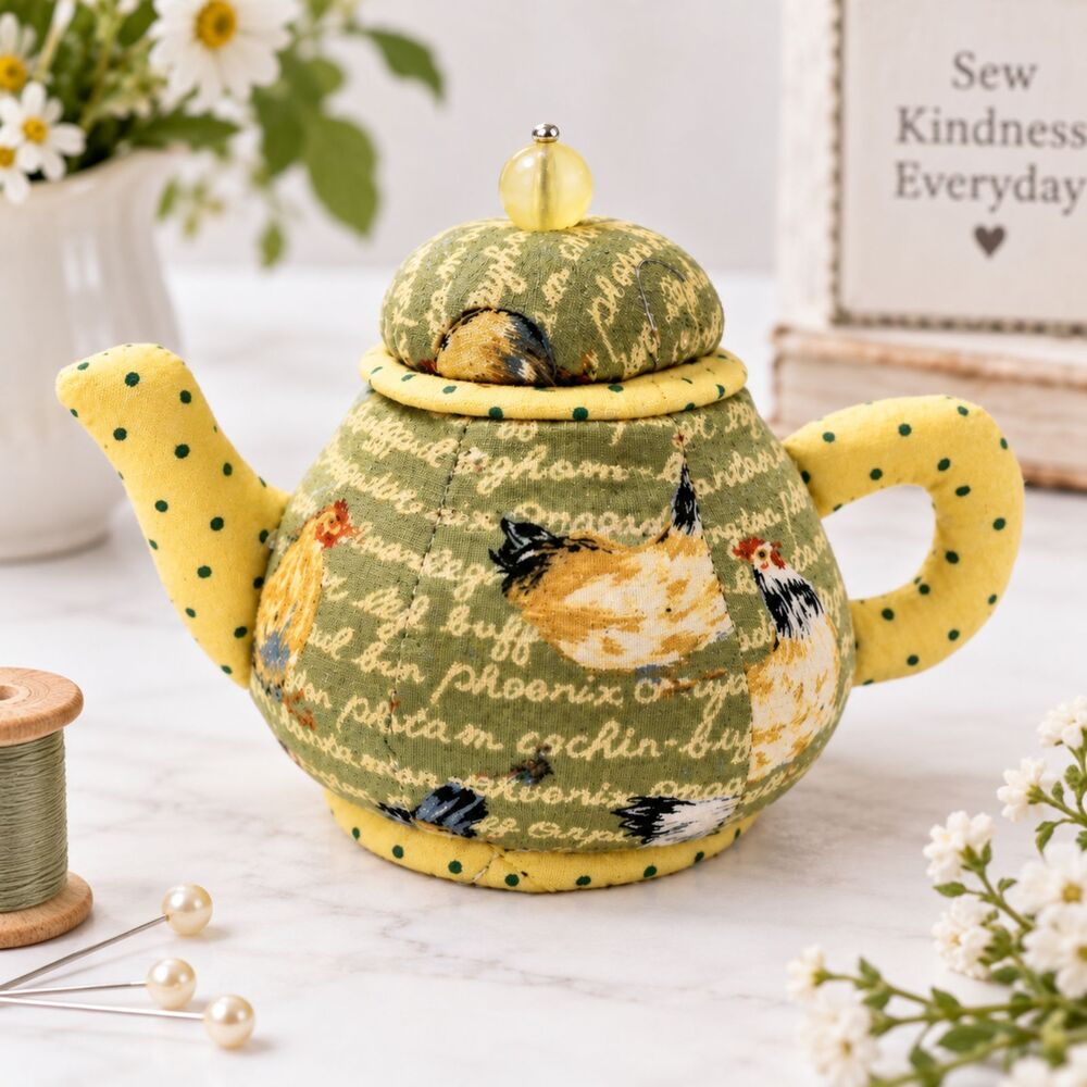 Vintage 1998 Dritz Collectible Cushions Teapot Pin Cushion Chicken Farm Novelty